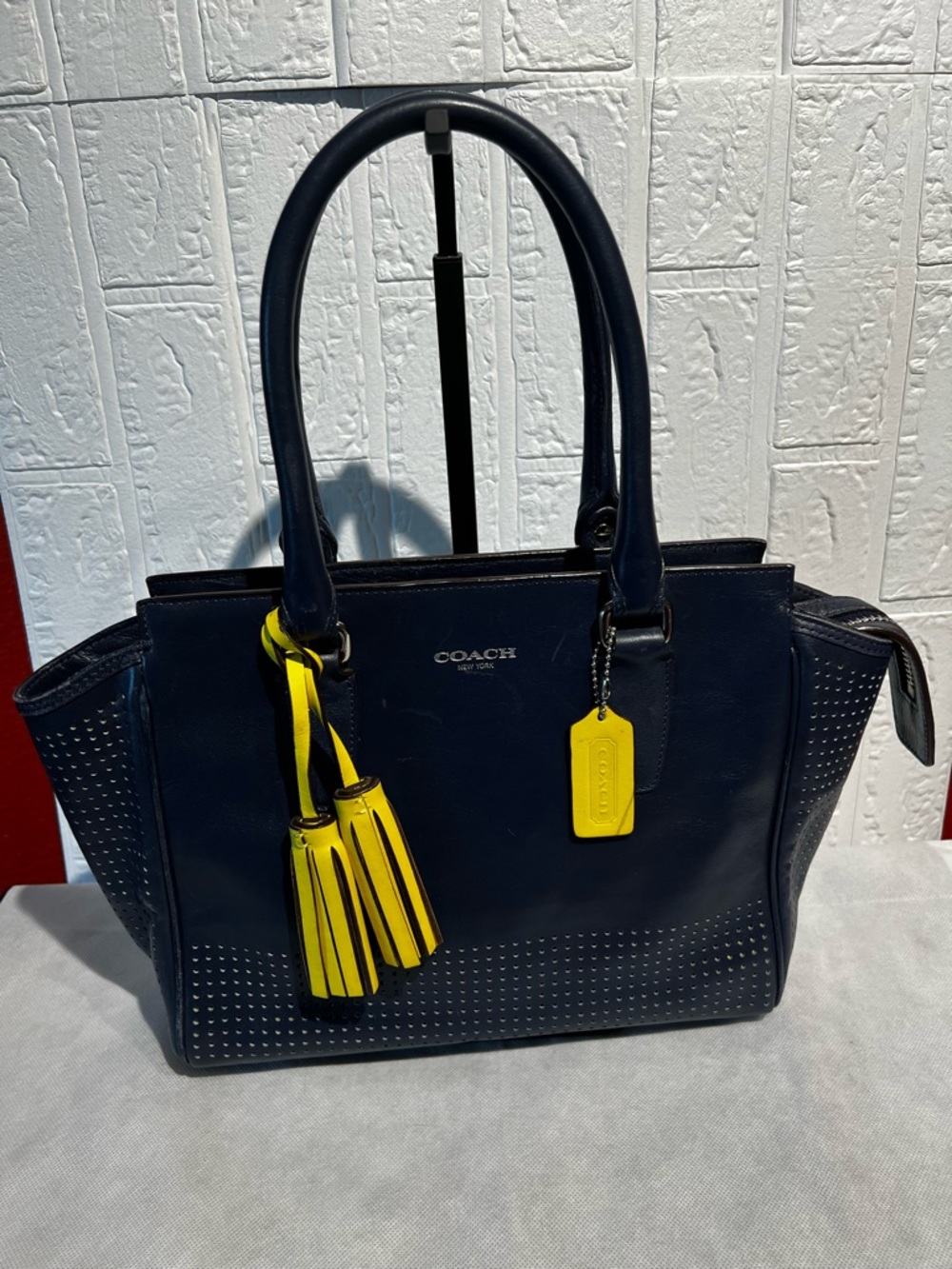 Coach Legacy Navy Leather Candace Tote with Yellow Tassel